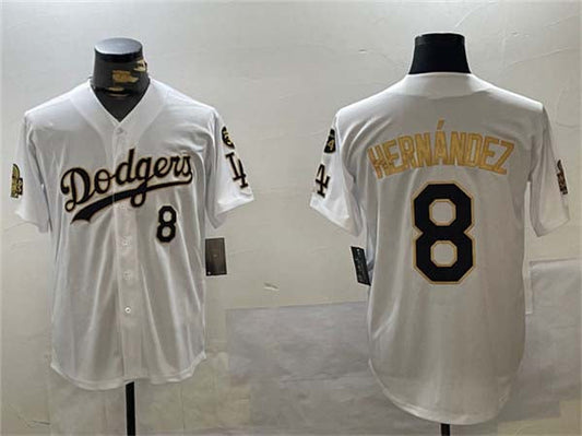 Los Angeles Dodgers #8 Enrique Hernández White Gold 2024 World Series With Fernando Memorial Patch Home Limited Stitched Baseball Jersey - Main View