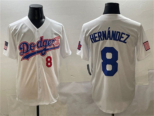 Los Angeles Dodgers #8 Enrique Hernández White With American Flag Patch Limited Stitched Baseball Jersey - Main View