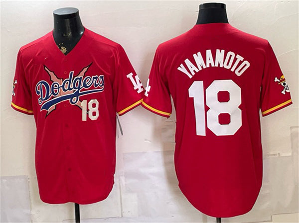 Los Angeles Dodgers x One Piece #18 Yoshinobu Yamamoto Red Vapor Premier Limited Stitched Baseball Jersey - Main View