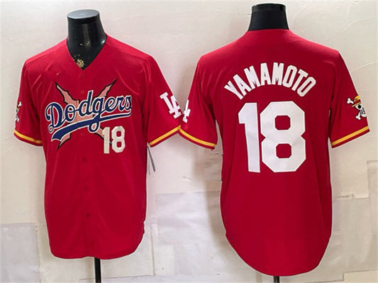 Los Angeles Dodgers x One Piece #18 Yoshinobu Yamamoto Red Vapor Premier Limited Stitched Baseball Jersey - Main View