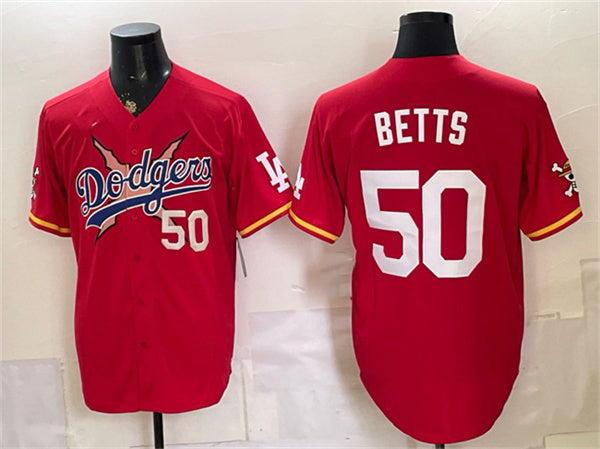 Los Angeles Dodgers x One Piece #50 Mookie Betts Red Vapor Premier Limited Stitched Baseball Jersey - Main View