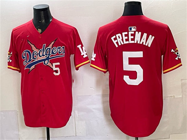 Los Angeles Dodgers x One Piece #5 Freddie Freeman Red Vapor Premier Limited Stitched Baseball Jersey - Main View