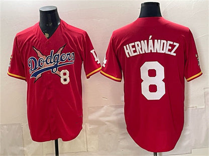Los Angeles Dodgers x One Piece #8 Enrique Hern¨¢ndez Red Vapor Premier Limited Stitched Baseball Jersey - Main View