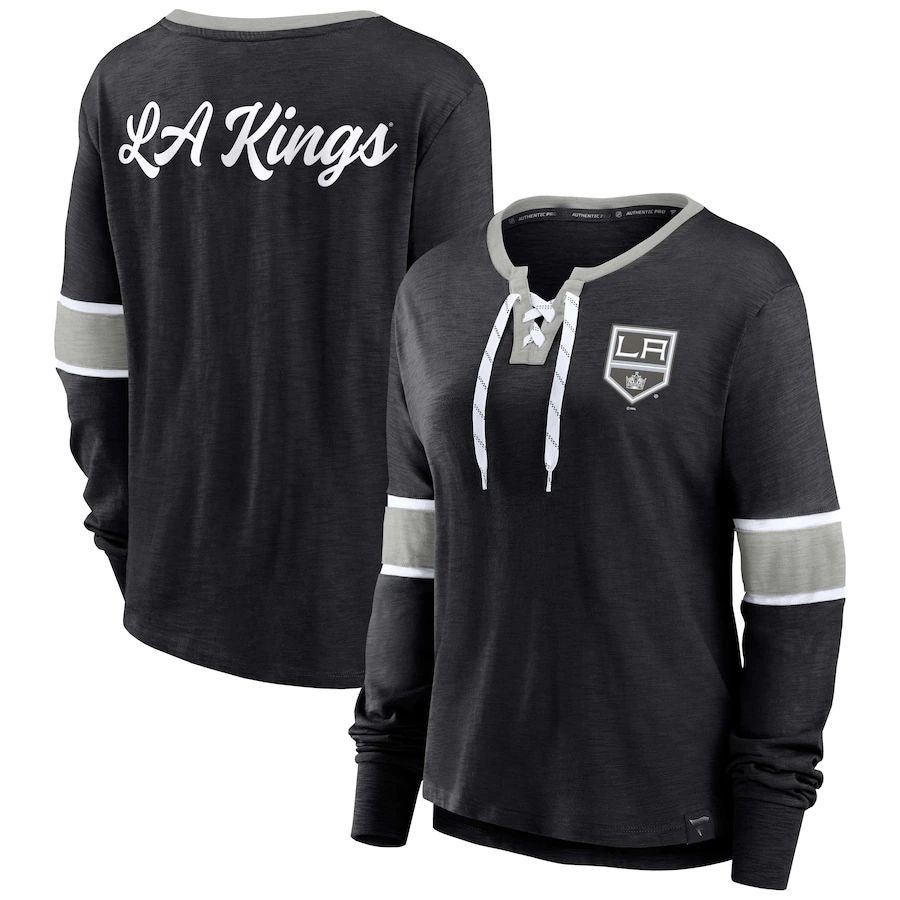 LA.Kings Fanatics Branded Effervescent Exclusive Lace-Up Long Sleeve T-Shirt Black Stitched American Hockey Jerseys - Main View
