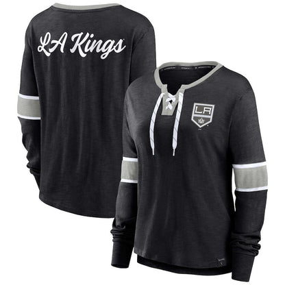 LA.Kings Fanatics Branded Effervescent Exclusive Lace-Up Long Sleeve T-Shirt Black Stitched American Hockey Jerseys - Main View
