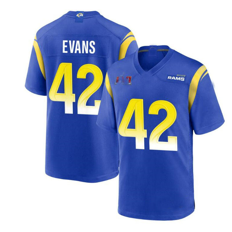 LA.Rams #42 Ethan Evans Super Bowl LVI Game Jersey - Royal Stitched American Football Jersey - Main View