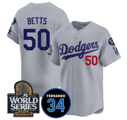 Los Angeles Dodgers #50 Mookie Betts Grey 2024 World Series With Fernando Memorial Patch Limited Stitched Baseball Jersey - Main View
