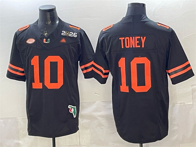 M.Hurricanes #10 Malachi Toney Black F.U.S.E. 2026 & Florida Patch Stitched Football American College Jerseys - Main View