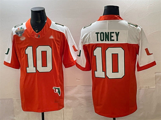 M.Hurricanes #10 Malachi Toney Orange Alternate F.U.S.E. Fiesta Bowl Champions & Florida Patch Stitched Football American College Jerseys - Main View