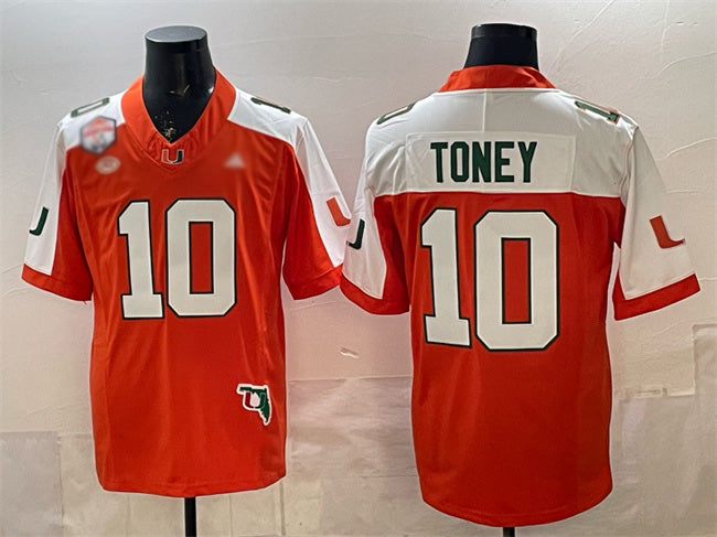 M.Hurricanes #10 Malachi Toney Orange Alternate F.U.S.E. The Fiesta Bowl Champions & Florida Patch Stitched Football American College Jerseys - Main View