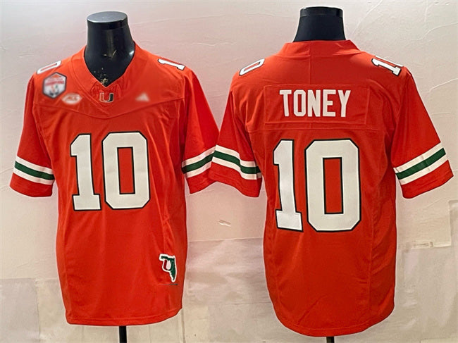 M.Hurricanes #10 Malachi Toney Orange F.U.S.E. Fiesta Bowl Champions & Florida Patch Stitched Football American College Jerseys - Main View