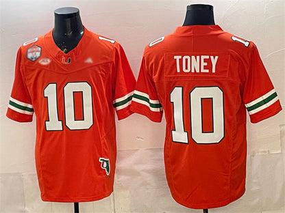 M.Hurricanes #10 Malachi Toney Orange F.U.S.E. Fiesta Bowl Champions & Florida Patch Stitched Football American College Jerseys - Main View