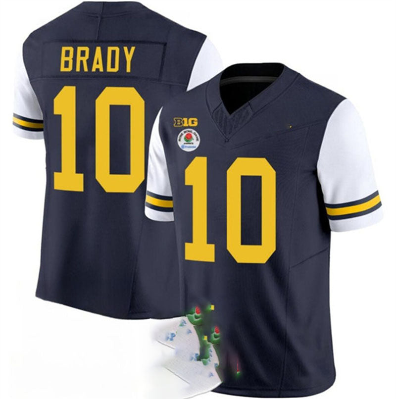 M.Wolverines #10 Tom Brady 2023 F.U.S.E. Navy White Rose Bowl Patch Stitched Jersey College Jerseys - Main View