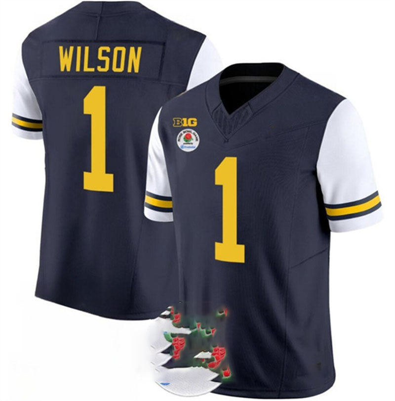 M.Wolverines #1 Roman Wilson 2023 F.U.S.E. Navy White Rose Bowl Patch Stitched Jersey College Jerseys - Main View