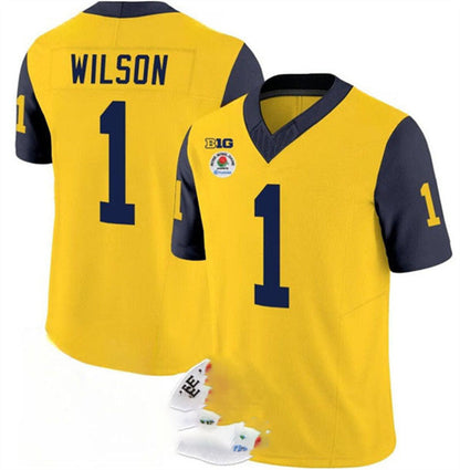 M.Wolverines #1 Roman Wilson 2023 F.U.S.E. Yellow Navy Rose Bowl Patch Stitched Jersey College Jerseys - Main View