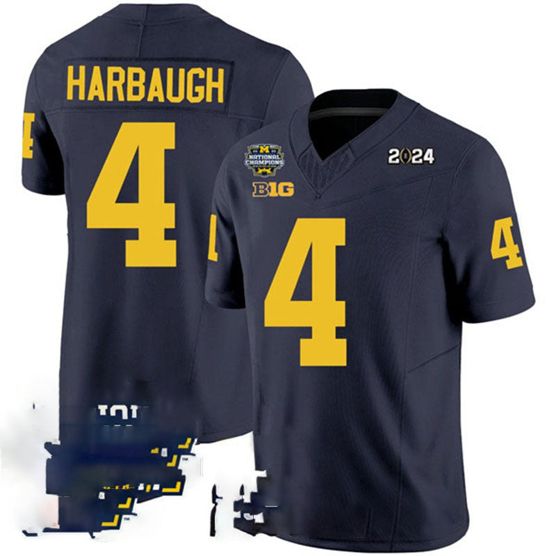 M.Wolverines #4 Jim Harbaugh Navy 2024 F.U.S.E. With 2023 National Champions Patch Stitched Jersey College Jerseys - Main View