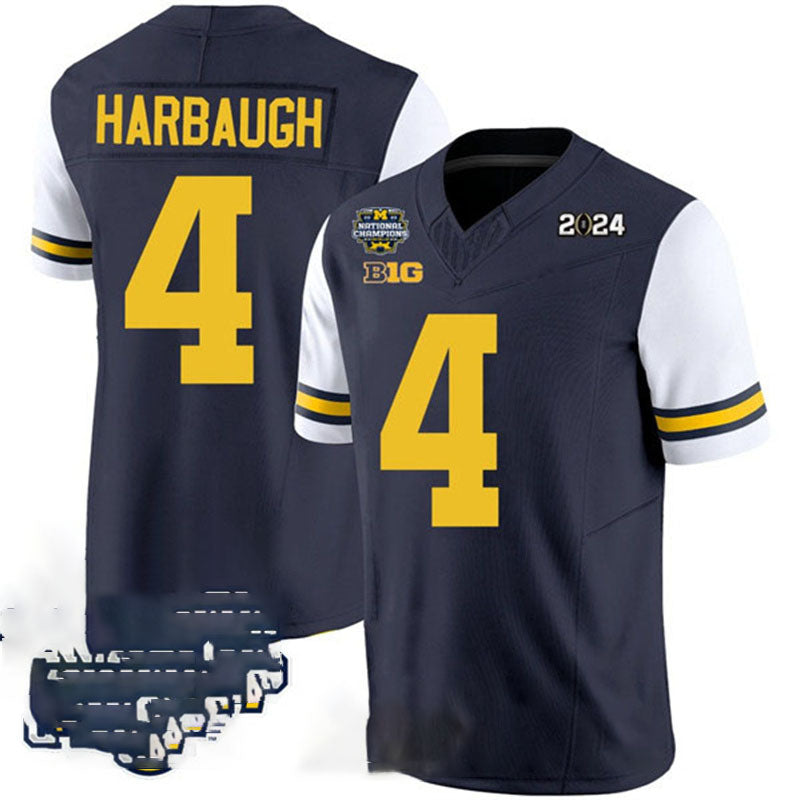M.Wolverines #4 Jim Harbaugh Navy White 2024 F.U.S.E. With 2023 National Champions Patch Stitched Jersey College Jerseys - Main View