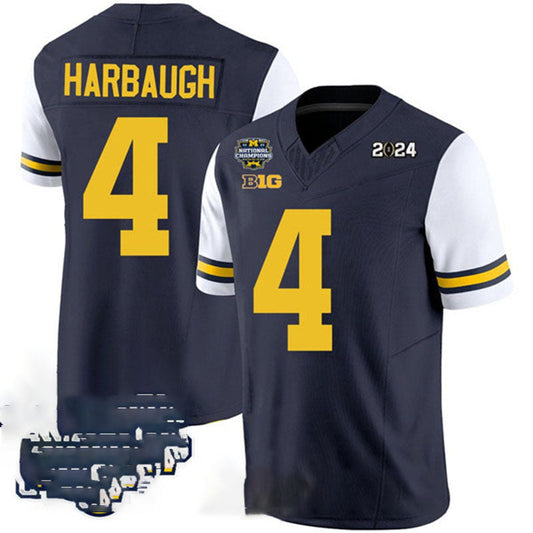 M.Wolverines #4 Jim Harbaugh Navy White 2024 F.U.S.E. With 2023 National Champions Patch Stitched Jersey College Jerseys - Main View