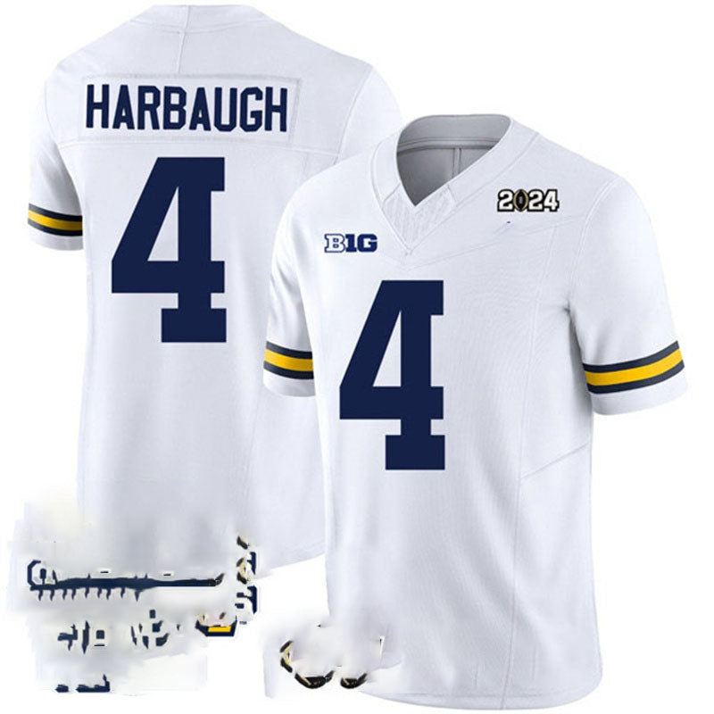 M.Wolverines #4 Jim Harbaugh White 2024 F.U.S.E. With 2023 National Champions Patch Stitched Jersey College Jerseys - Main View