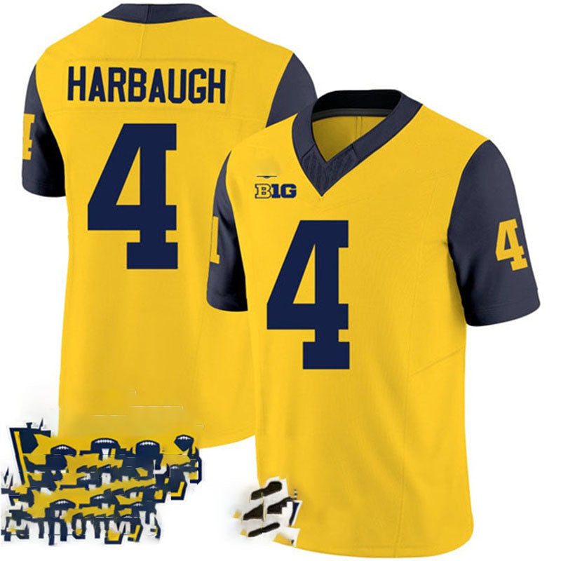 M.Wolverines #4 Jim Harbaugh Yellow Navy 2024 F.U.S.E. With 2023 National Champions Patch Stitched Jersey College Jerseys - Main View