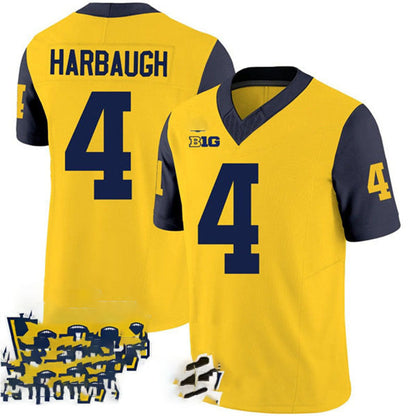 M.Wolverines #4 Jim Harbaugh Yellow Navy 2024 F.U.S.E. With 2023 National Champions Patch Stitched Jersey College Jerseys - Main View
