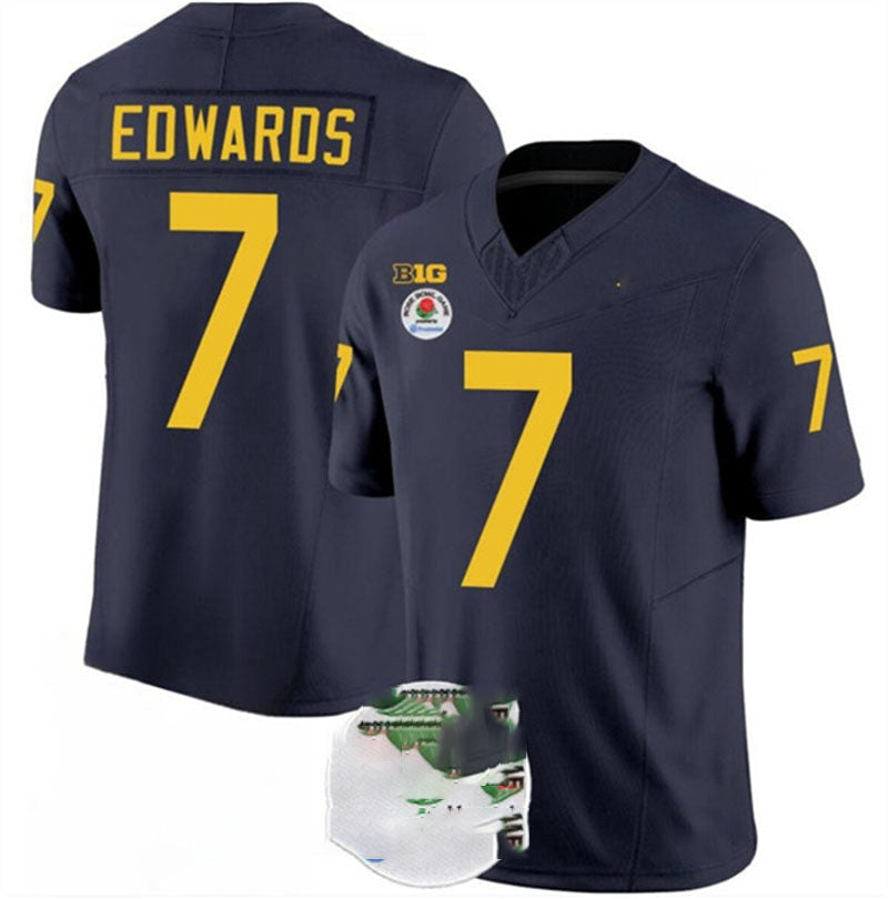 M.Wolverines #7 Donovan Edwards 2023 F.U.S.E. Navy Blue Rose Bowl Patch Stitched Jersey College Jerseys - Main View