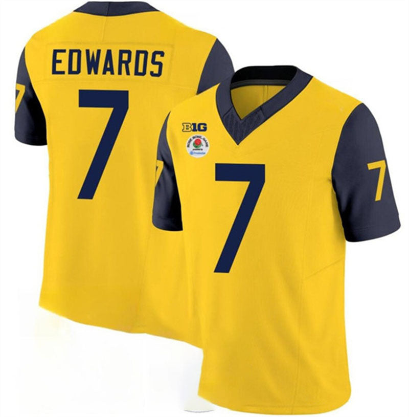M.Wolverines #7 Donovan Edwards 2023 F.U.S.E. Yellow Navy Rose Bowl Patch Stitched Jersey College Jerseys - Main View