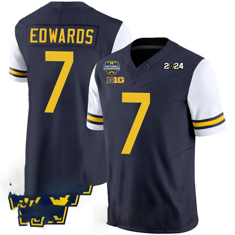 M.Wolverines #7 Donovan Edwards Navy White 2024 F.U.S.E. With 2023 National Champions Patch Stitched Jersey College Jerseys - Main View