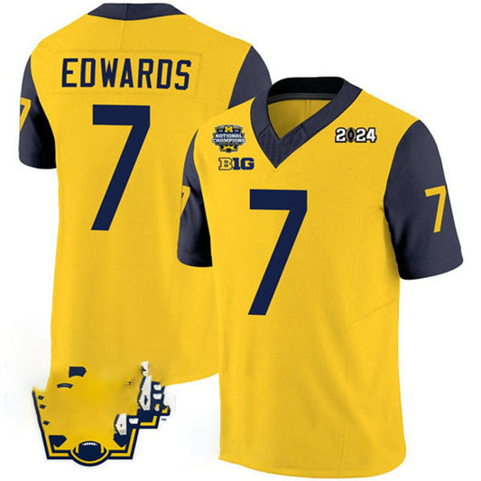 M.Wolverines #7 Donovan Edwards Yellow Navy 2024 F.U.S.E. With 2023 National Champions Patch Stitched Jersey College Jerseys - Main View