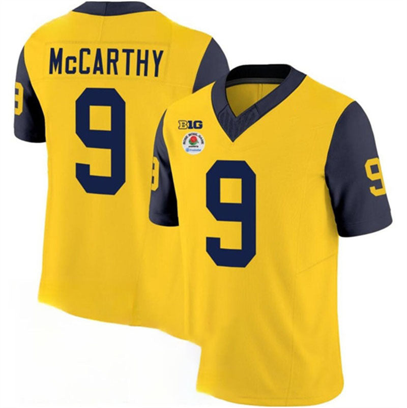 M.Wolverines #9 J.J. McCarthy 2023 F.U.S.E. Yellow Navy Rose Bowl Patch Stitched Jersey College Jerseys - Main View