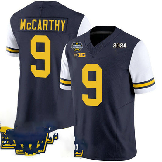 M.Wolverines #9 J.J. McCarthy Navy White 2024 F.U.S.E. With 2023 National Champions Patch Stitched Jersey College Jerseys - Main View