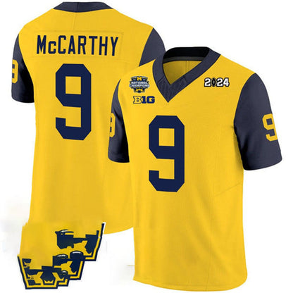 M.Wolverines #9 J.J. McCarthy Yellow Navy 2024 F.U.S.E. With 2023 National Champions Patch Stitched Jersey College Jerseys - Main View