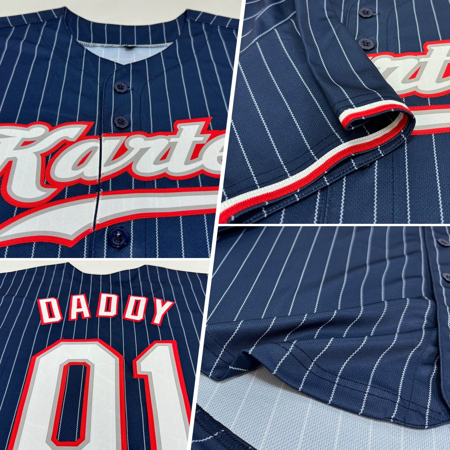 Custom Navy White Pinstripe White-Red Authentic Baseball Jersey view 2