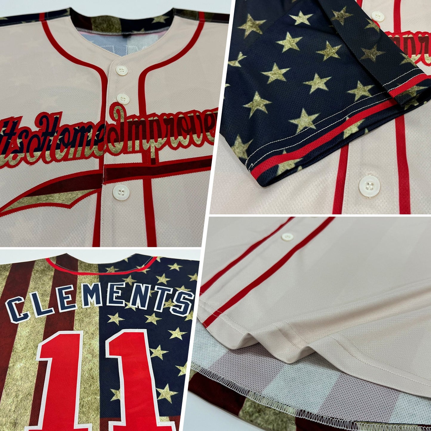 Custom Cream Red-Navy 3D American Flag Authentic Baseball Jersey view 2