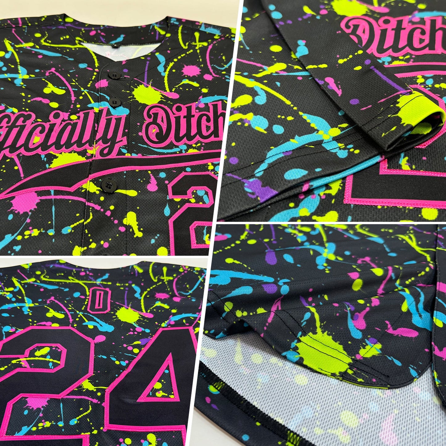 Custom Graffiti Pattern Black-Pink 3D Neon Splatter Authentic Baseball Jersey view 2