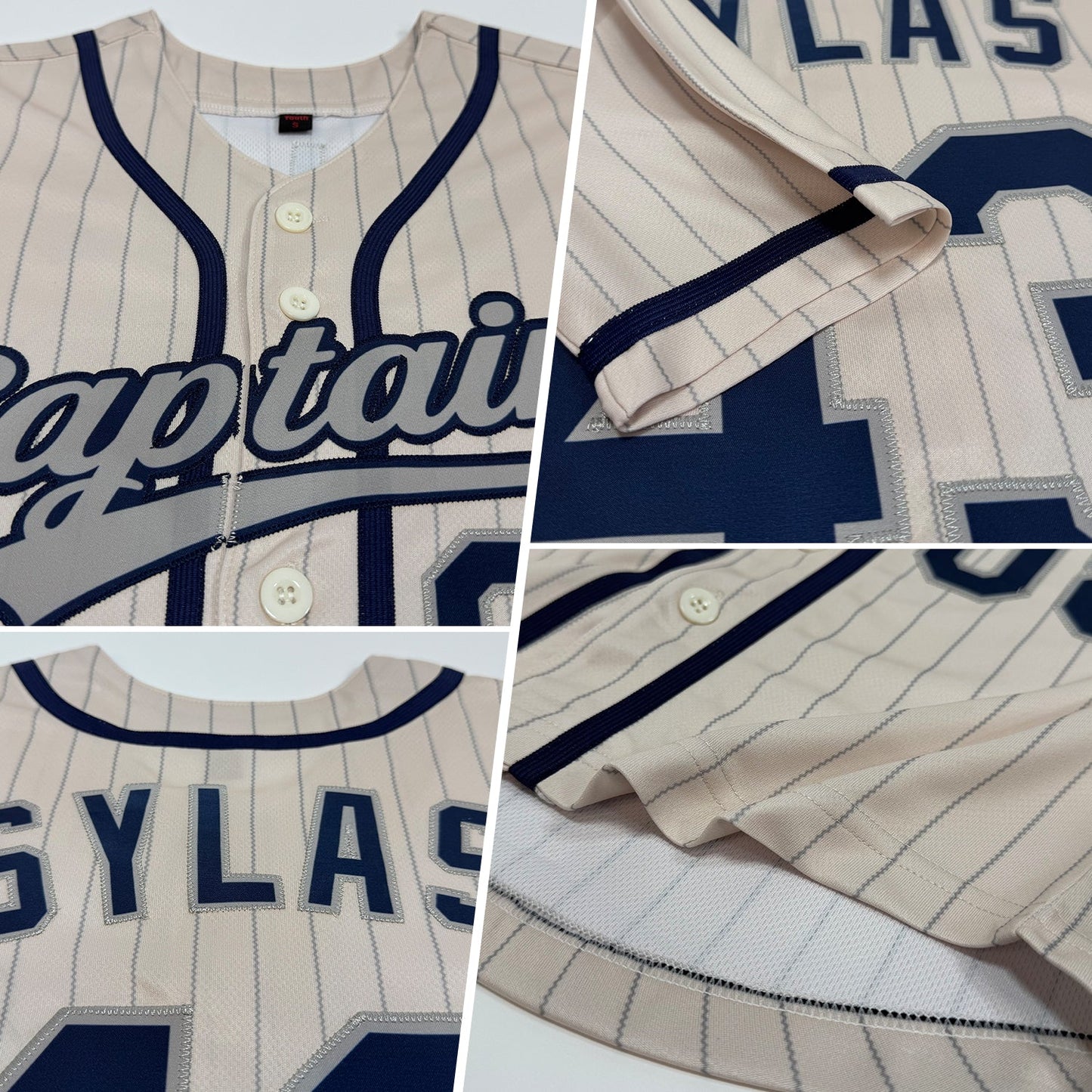 Custom Cream Gray Pinstripe Navy Authentic Baseball Jersey view 2