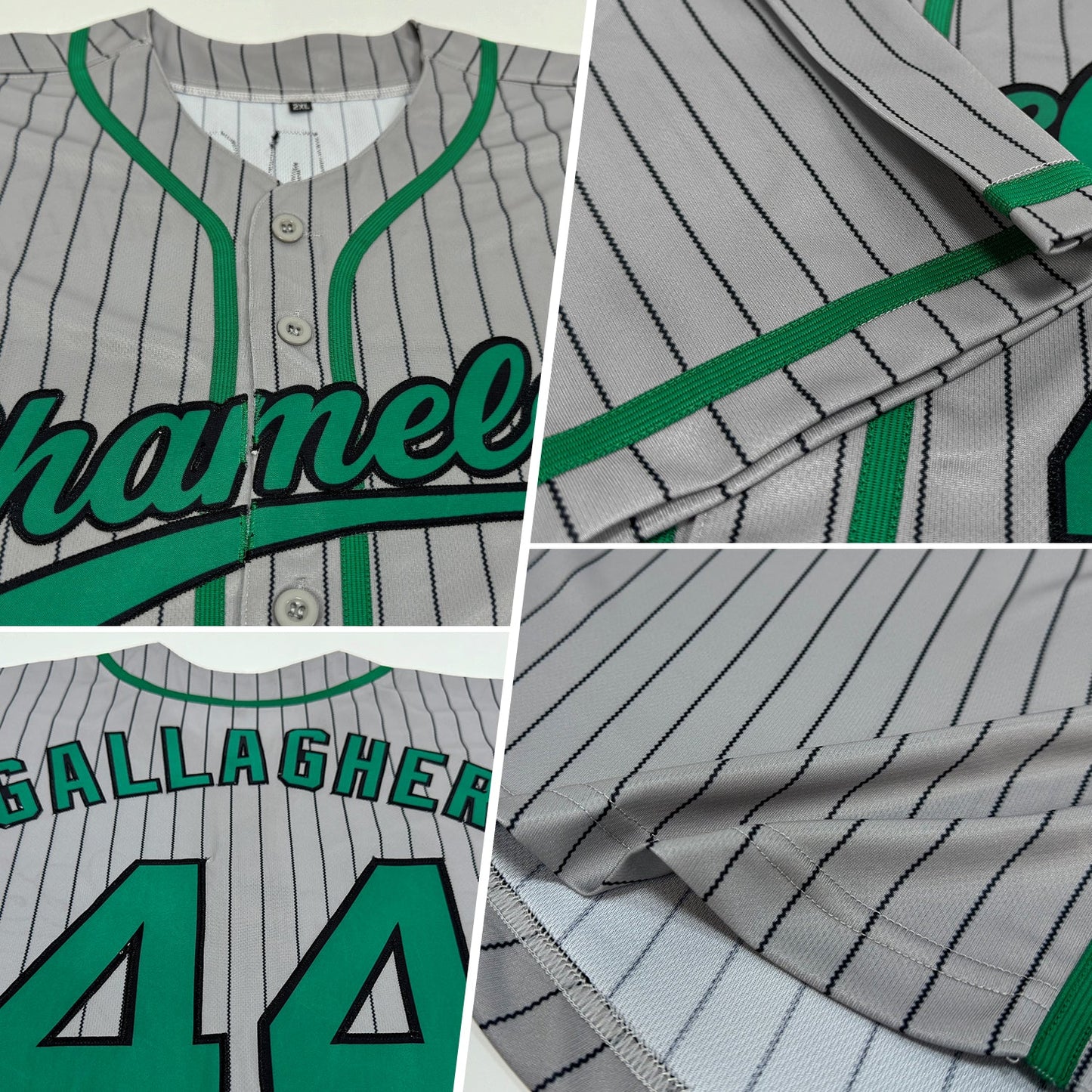 Custom Gray Black Pinstripe Kelly Green Authentic Baseball Jersey view 2