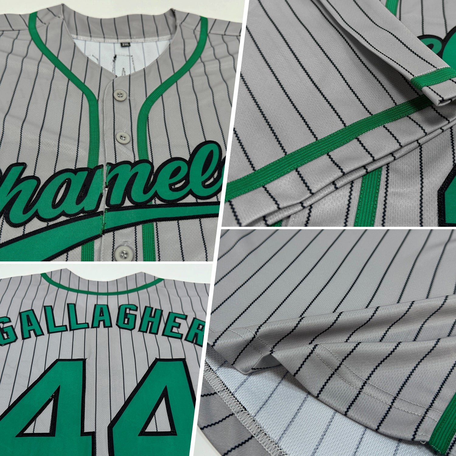 Custom Gray Black Pinstripe Kelly Green Authentic Baseball Jersey view 2