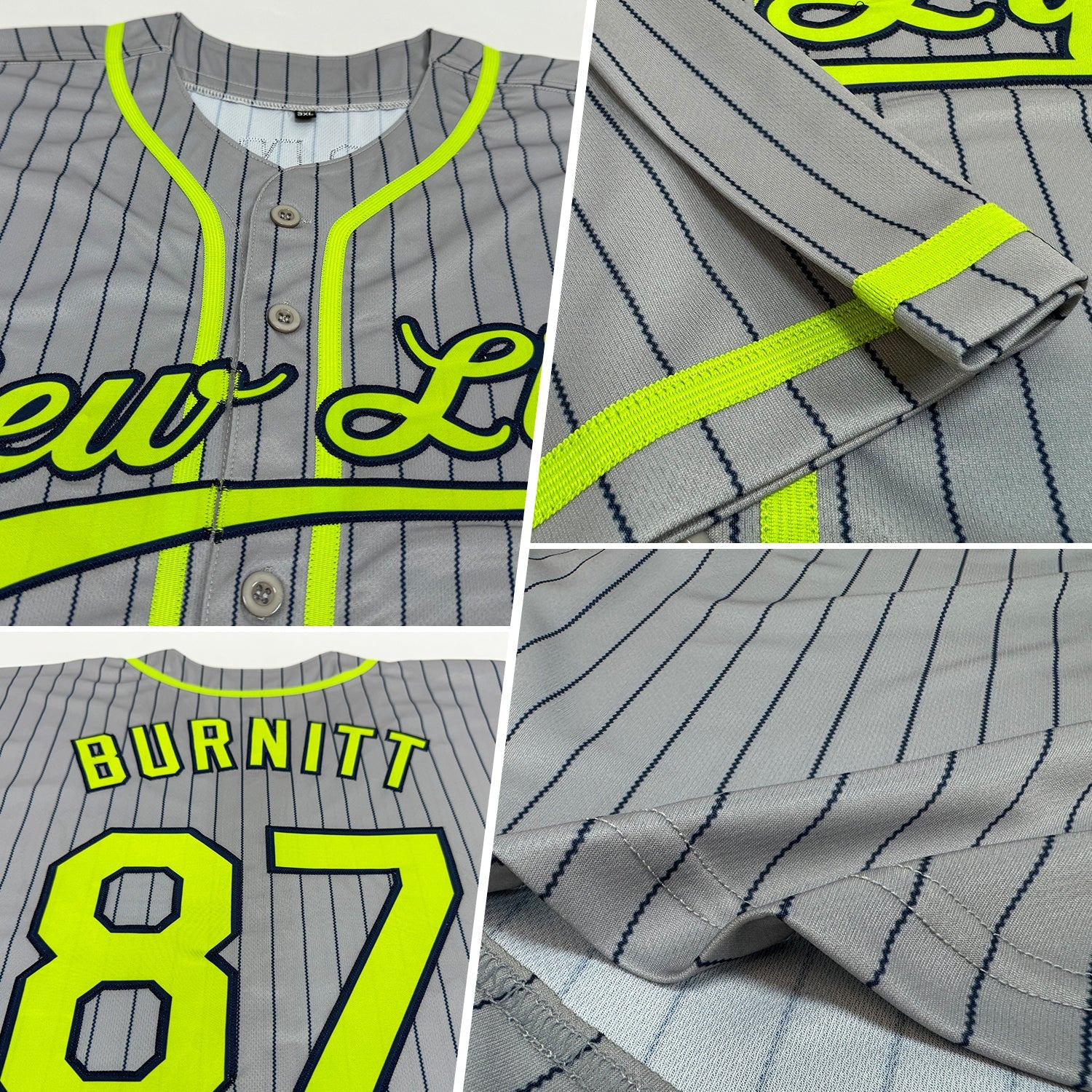 Custom Gray Navy Pinstripe Neon Green Authentic Baseball Jersey view 2