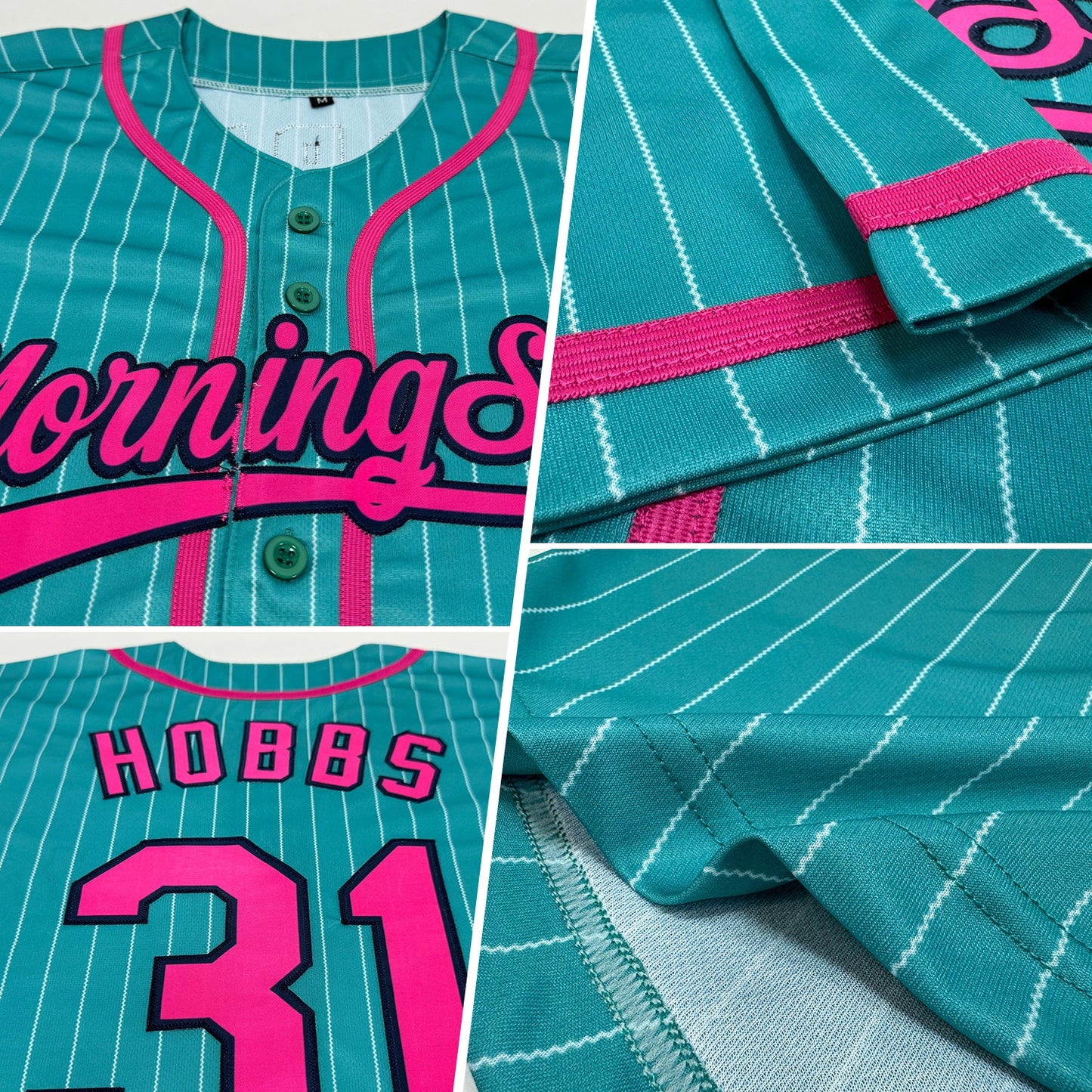 Custom Aqua White Pinstripe Pink-Navy Authentic Baseball Jersey view 2