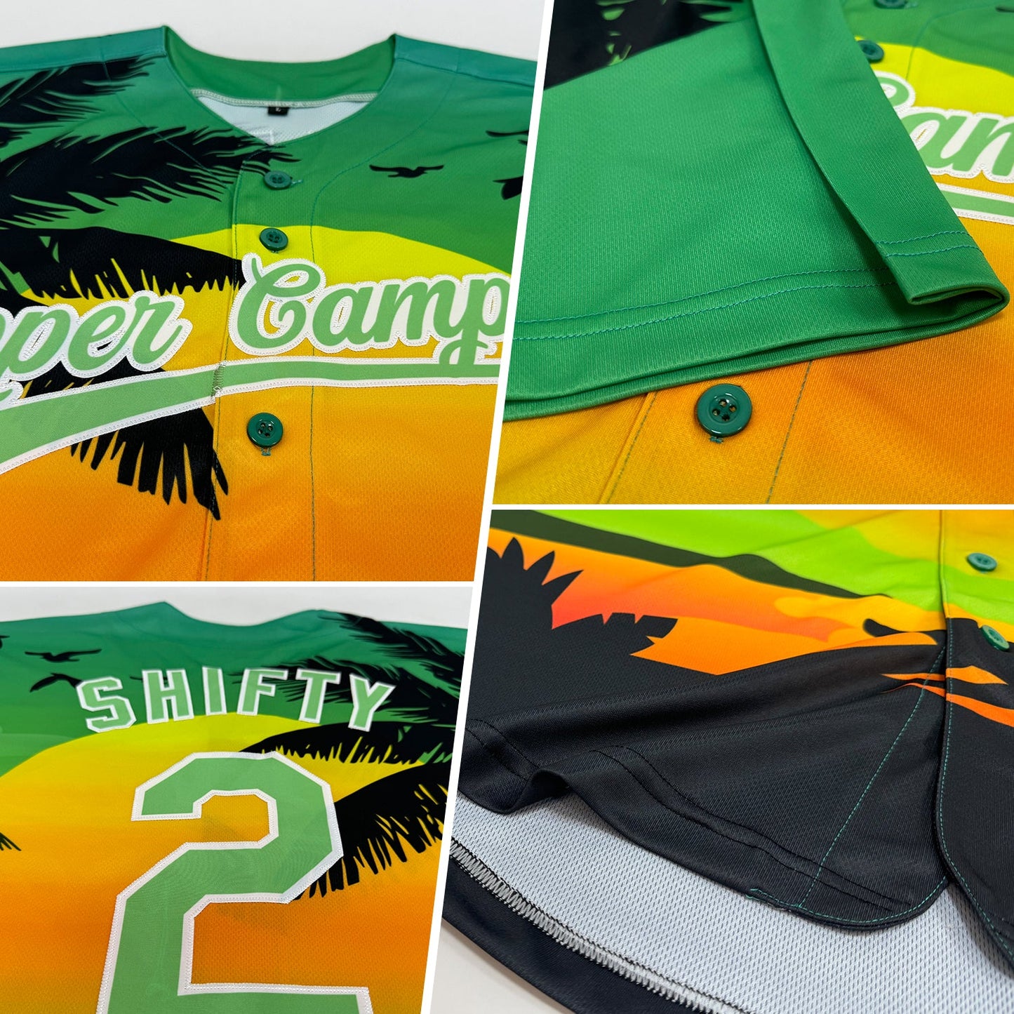 Custom Pea Green Black-White 3D Pattern Design Hawaii Palm Trees And Beach Sunset Authentic Baseball Jersey view 2