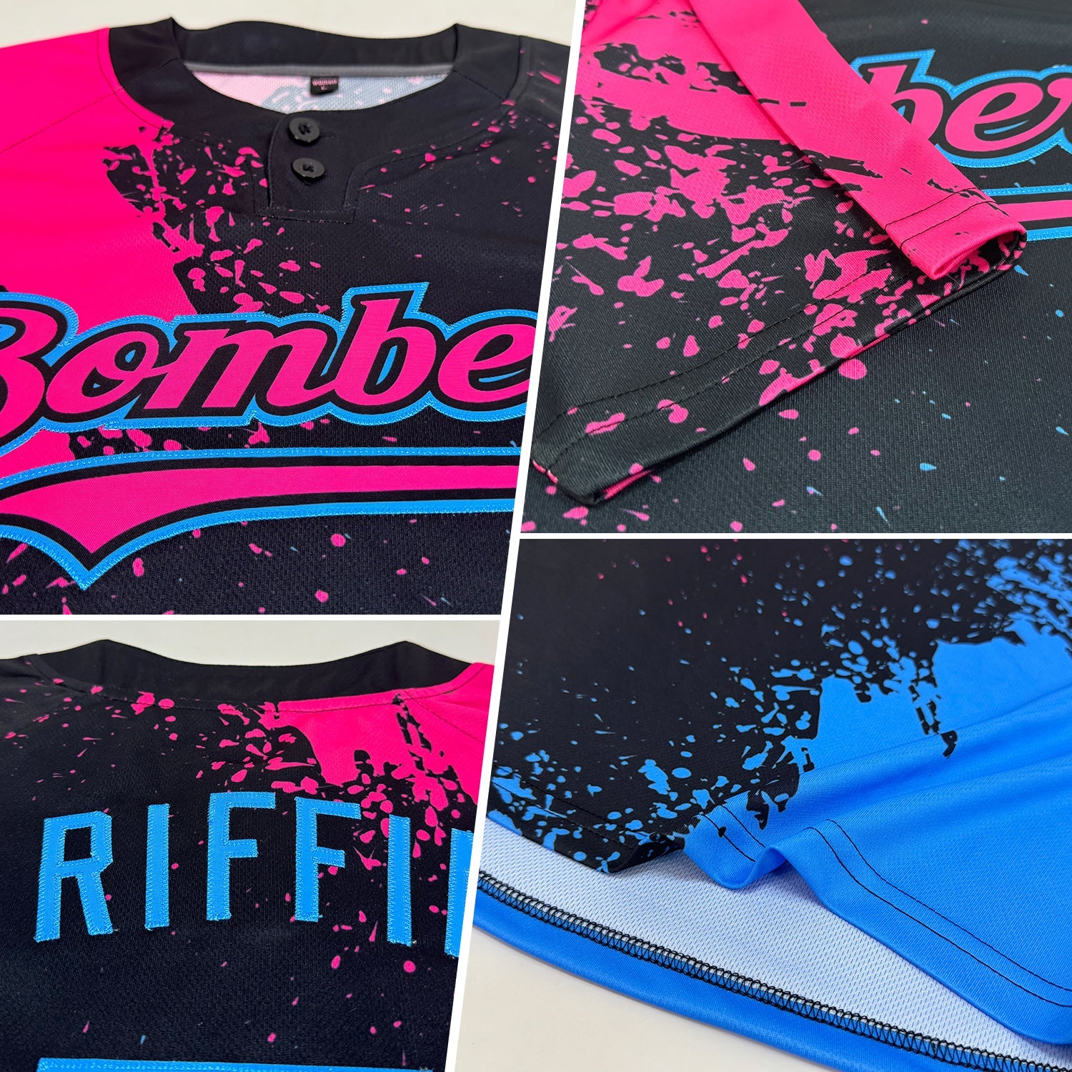 Custom Black Pink-Sky Blue 3D Pattern Abstract Brush Stroke Two-Button Unisex Softball Jersey view 2