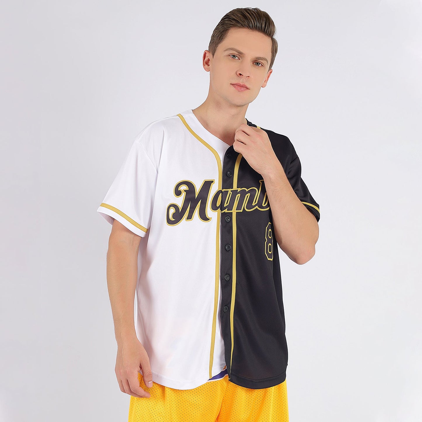 Custom White-Black Old Gold Authentic Split Fashion Baseball Jersey view 2