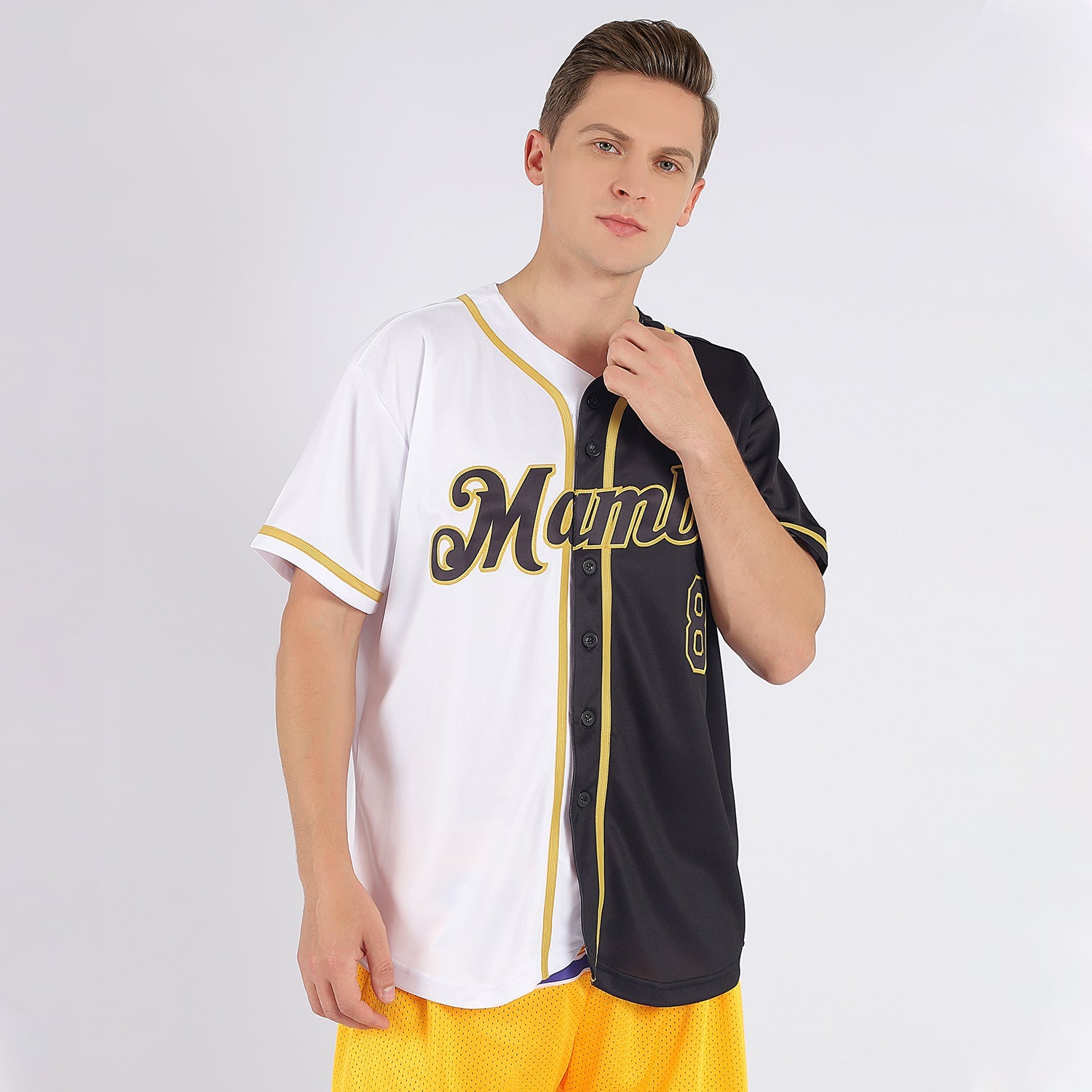 Custom White-Black Old Gold Authentic Split Fashion Baseball Jersey view 2