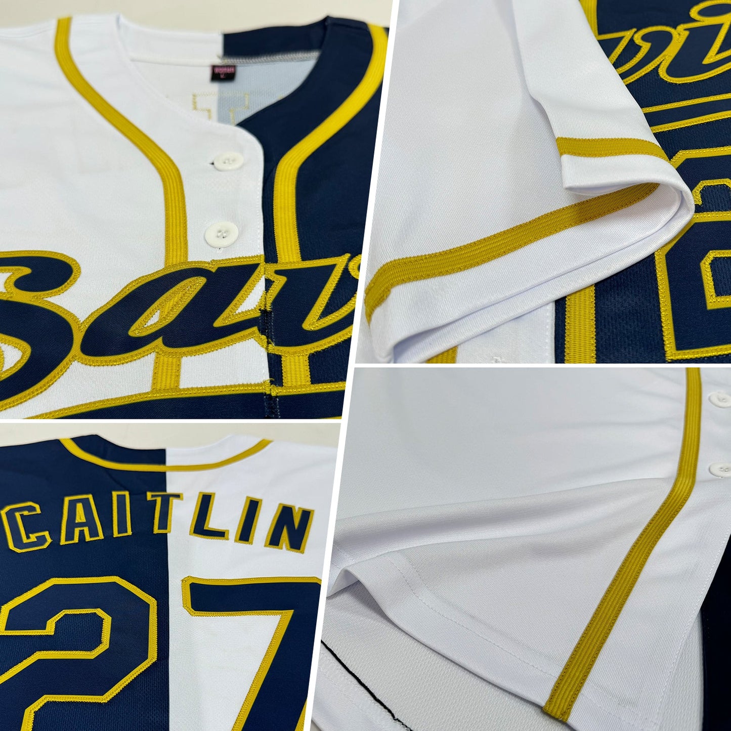 Custom White Navy-Old Gold Authentic Split Fashion Baseball Jersey view 2