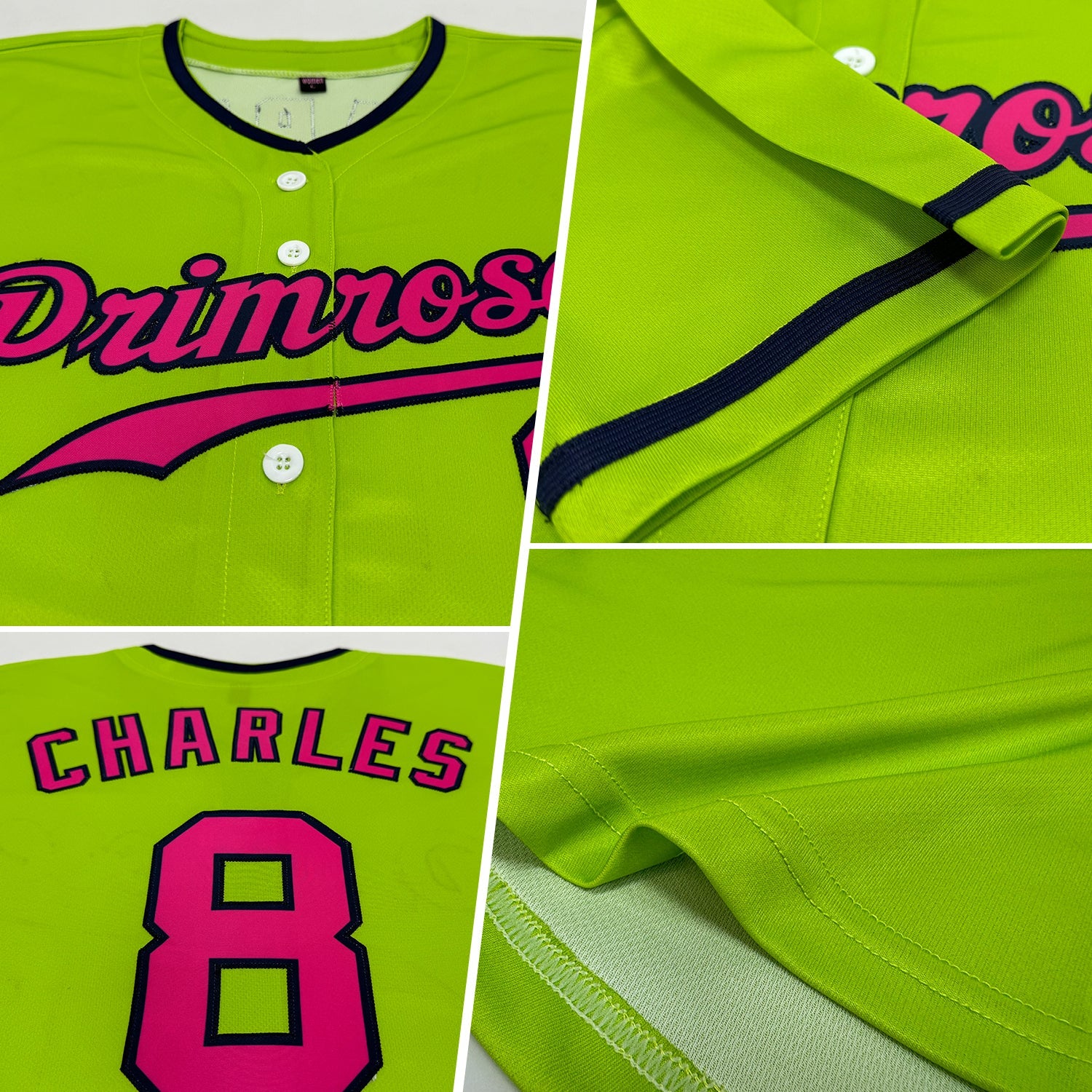 Custom Neon Green Pink-Navy Authentic Baseball Jersey view 2