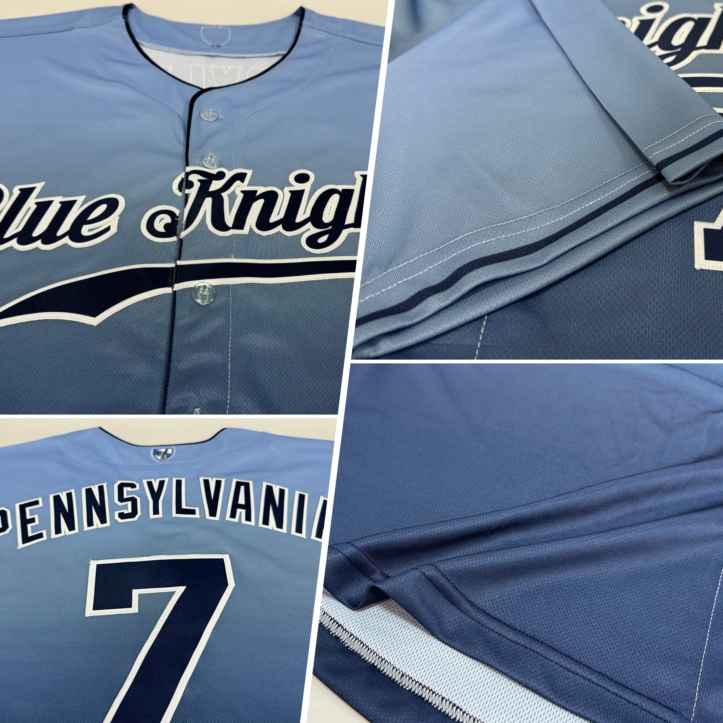 Custom Light Blue Navy-White Authentic Fade Fashion Baseball Jersey view 2