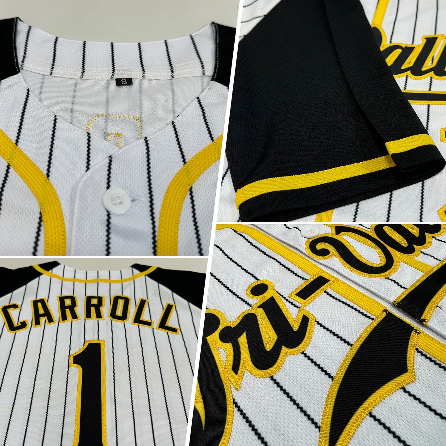 Custom White Black Pinstripe Black-Gold Authentic Raglan Sleeves Baseball Jersey view 2