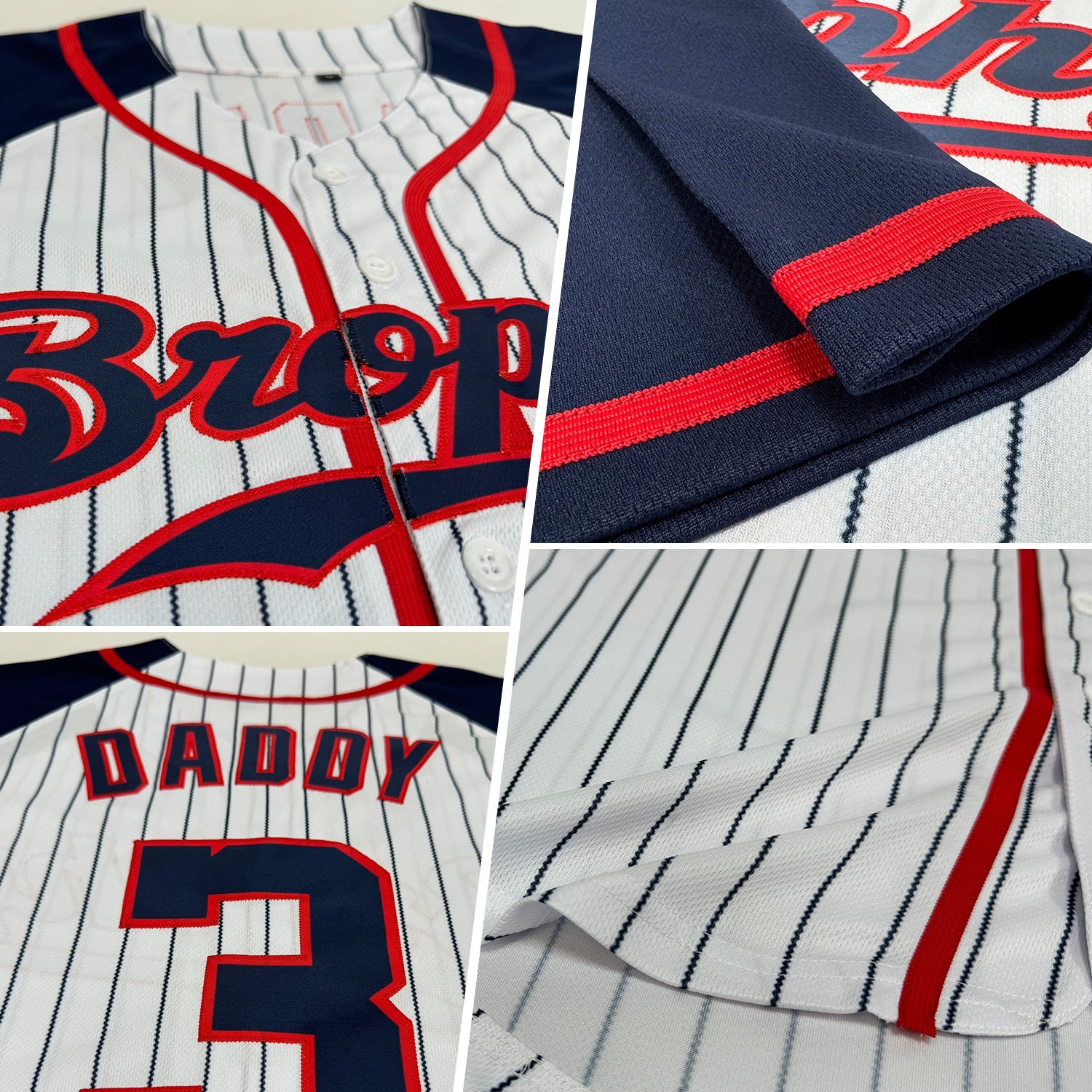 Custom White Navy Pinstripe Navy-Red Authentic Raglan Sleeves Baseball Jersey view 2