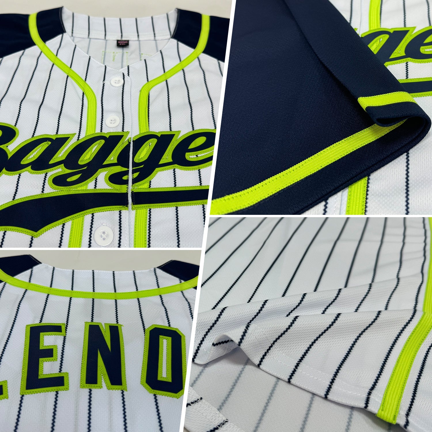 Custom White Navy Pinstripe Navy-Neon Green Authentic Raglan Sleeves Baseball Jersey view 2
